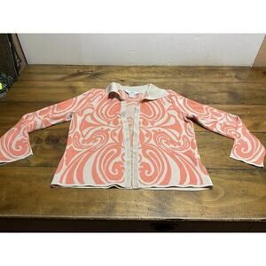 Ming Wang Cardigan Sweater Size Small Tan Coral Print Open Front Knit